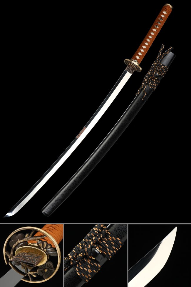 Chrysanthemum Tsuba 1095 Carbon Steel Katana, Full Tang, Handmade & Black Saya