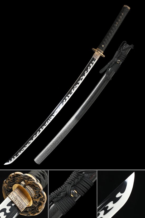 Black Katana with Flame Hamon, 1095 Carbon Steel Blade, Dragon Tsuba - Full Tang Replica