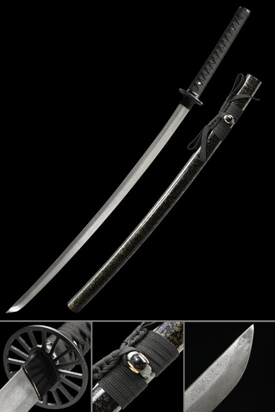 Damascus Steel Katana with Folded Blade, Black Hardwood Saya & Geometric Tsuba - Full Tang