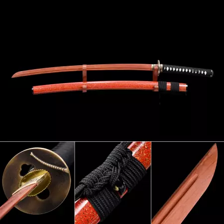 Handmade Rosewood Blade Unsharpened Katana Sword With Red Scabbard And Copper Tsuba