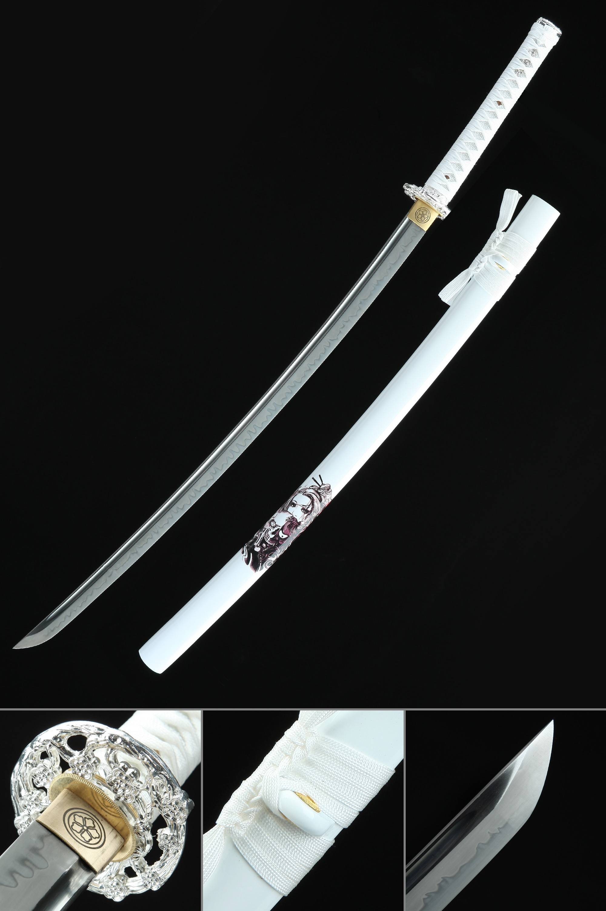 Shinken of Swords Espada Katana hecha a mano de arcilla real  templada, hamón de acero T10, espada samurái japonesa afilada de espiga  completa (latón, ciruelo, tsuba, arcilla templada, acero T10) 