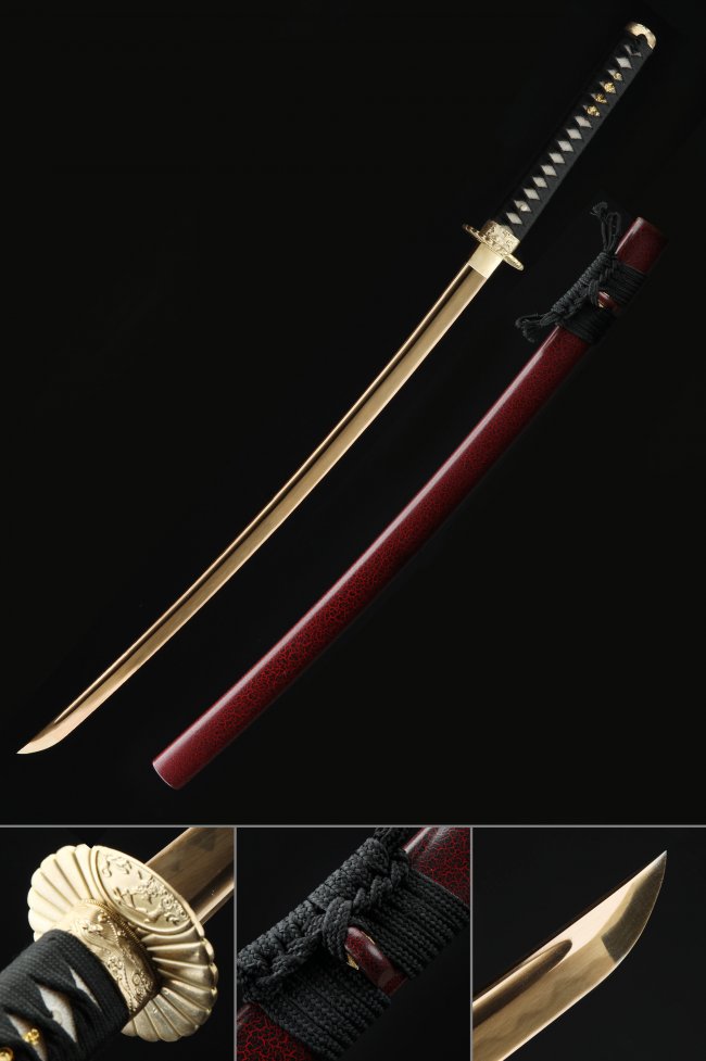 T10 Folded Clay Tempered Katana with Golden Blade and Flower Tsuba in Red Crackle Saya