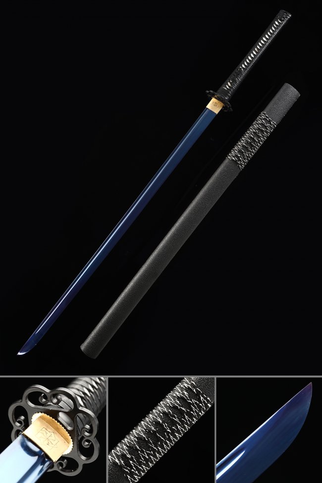Manganese Steel Ninjato with Blue Blade, Black Hardwood Saya & Scroll Tsuba
