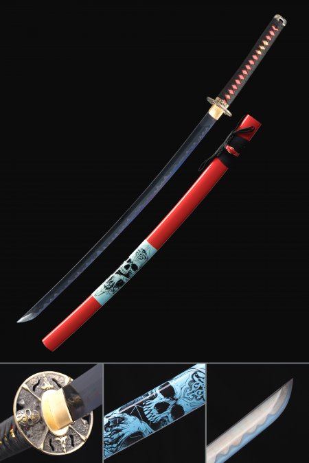 Handmade T10 Carbon Steel Real Japanese Samurai Katana Swords With Red Scabbard And Skull Tsuba