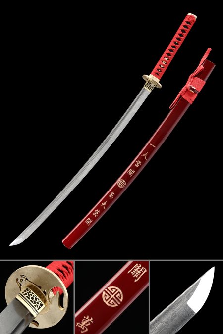 Damascus Katana, Handmade Japanese Katana Sword Damascus Steel With Red Scabbard