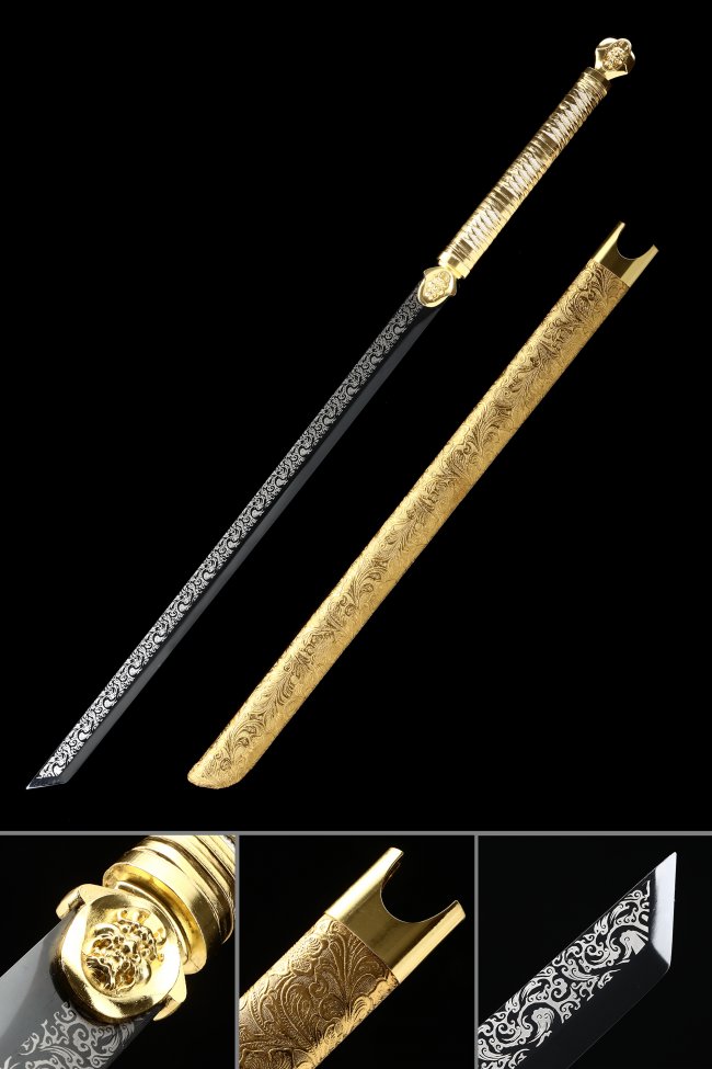 Manganese Steel Ninjato with Engraved Gold Saya - Black Blade & Lion Tsuba Koshirae