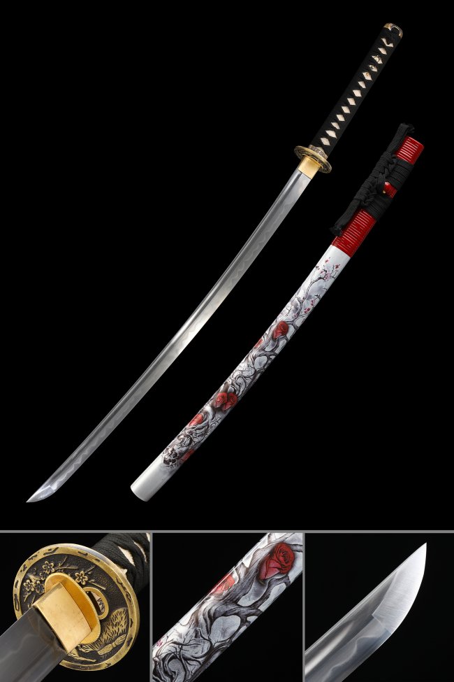 T10 Carbon Steel Katana with Floral Hand-Painted White Saya - Gold Cherry Blossom Tsuba, Black-Red Sageo