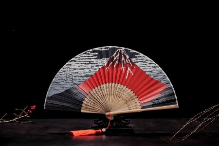 Traditional Japanese Folding Silk Fan With Bamboo Frame