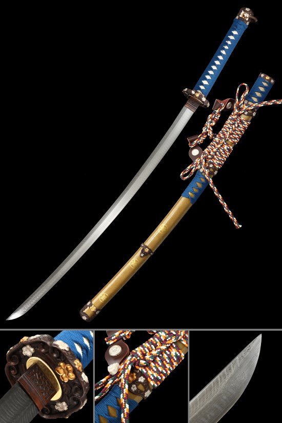 Damascus Steel Tachi Sword with Gold Hardwood Saya - Blue Tsuka, Plum Blossom Alloy Tsuba