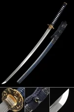 Damascus Steel Katana with Blue Lacquer Saya - Horse Tsuba, Dark Blue Cord Handle, 28.74" Blade
