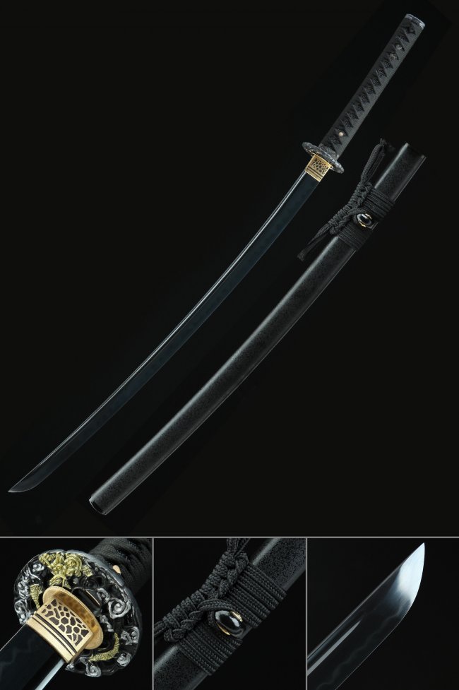 Black Katana - T10 Folded Clay Tempered Steel Sword with Dragon Tsuba and Matte Black Hardwood Saya