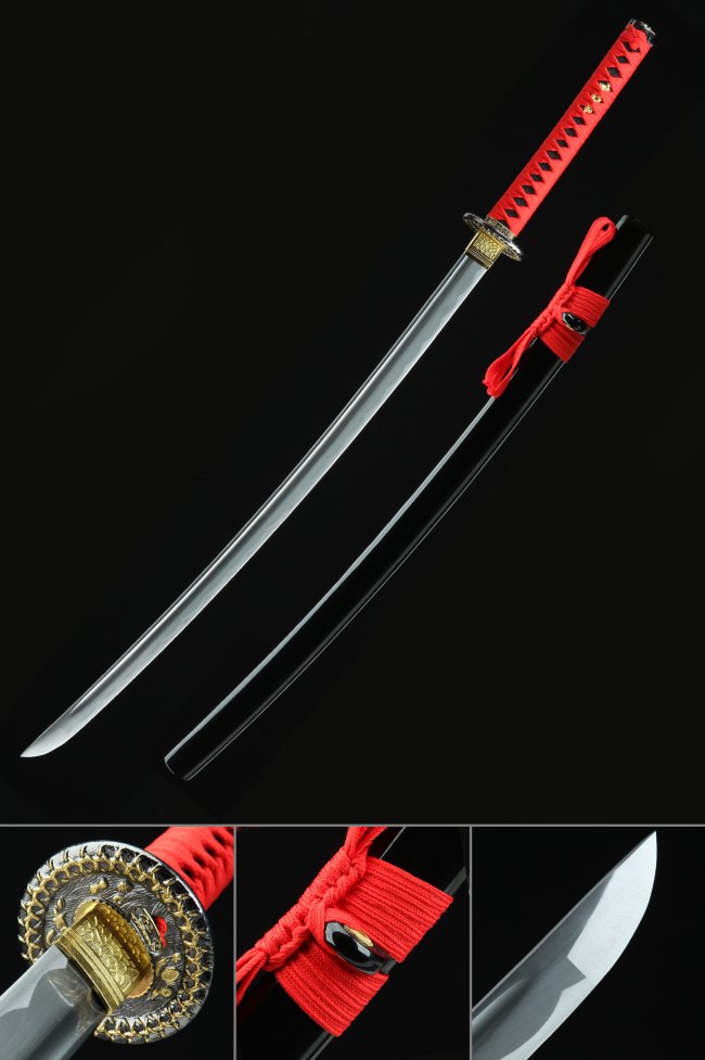 1045 Carbon Steel Katana with Red Ito, Black PU Samegawa & Piano Lacquer Saya