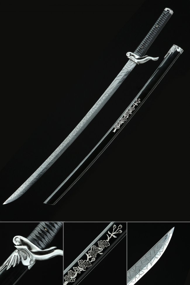 Manganese Steel Full Tang Katana with Crane Tsuba in Black Leather Wrap and Floral Engraved Saya