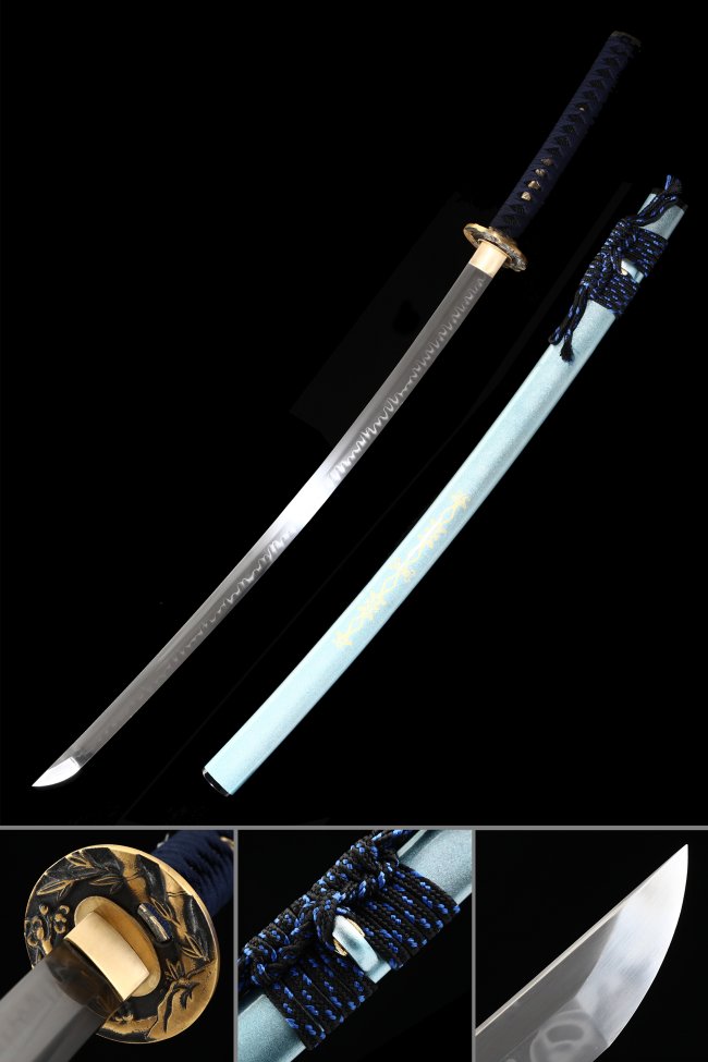 T10 Steel Katana with Clay Tempered Blade, Blue Hardwood Saya & Flower Tsuba