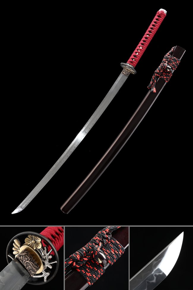 T10 Carbon Steel Katana with Real Hamon - Red Handle, Dark Red Lacquer Saya, Silver Chrysanthemum Tsuba