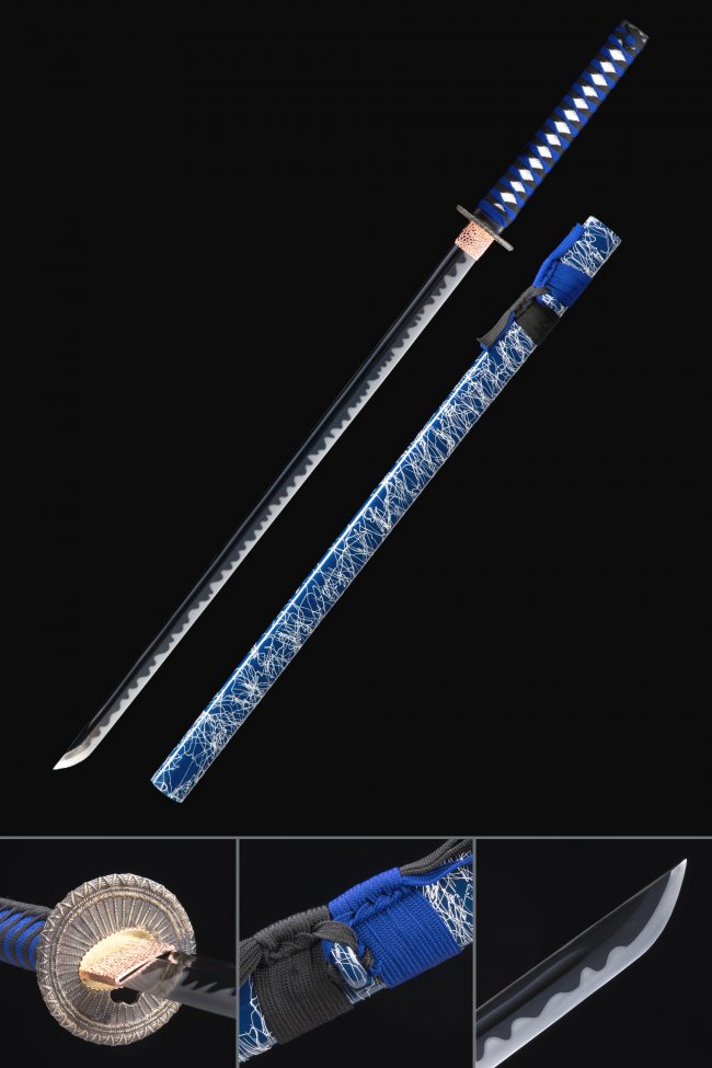 Manganese Steel Ninjato with Black Blade in Blue Lightning Saya - Full Tang Ninja Sword