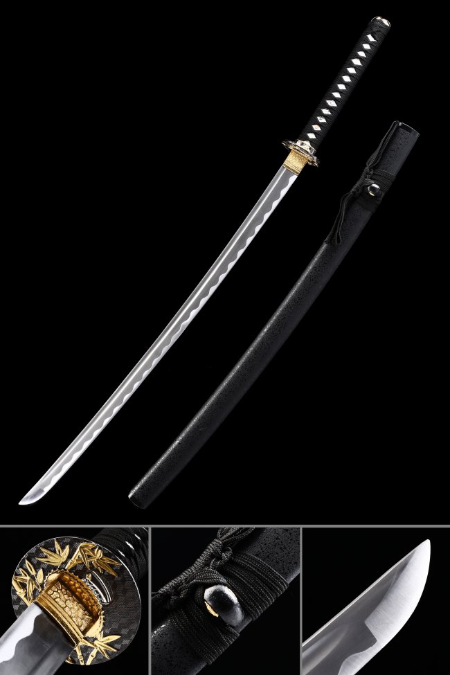 1045 Carbon Steel Katana Sword with Gold Bamboo Tsuba in Black Matte Hardwood Saya - Full Tang Collectible