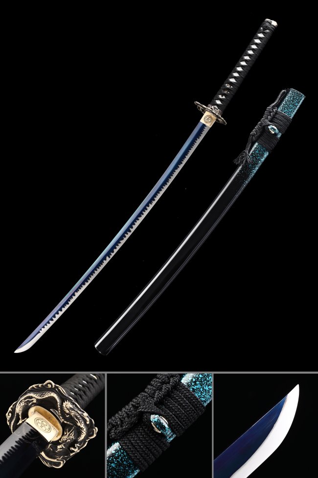 Manganese Steel Blue Blade Katana with Dragon Tsuba - Black & Teal Koshirae Full Tang