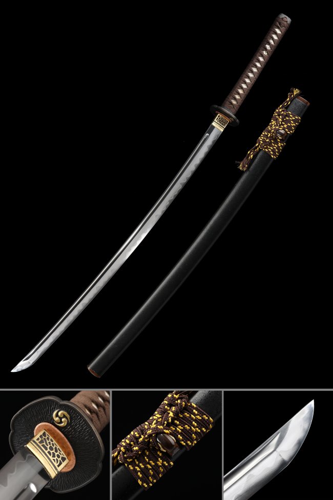 Damascus Steel Katana with Real Hamon in Black Lacquer Saya - Brown Ito, Chrysanthemum Tsuba