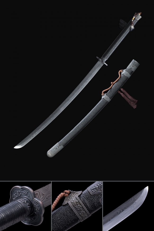 Chinese Dao Broadsword - Manganese Steel Full Tang With Floral Guard & Black Leather Scabbard 41 Inches
