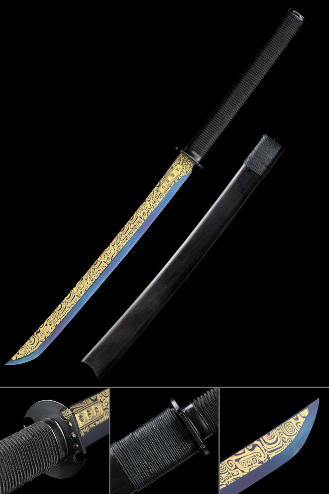 Manganese Steel Tanto with Blue-Gold Engraved Blade in Black Hardwood Saya