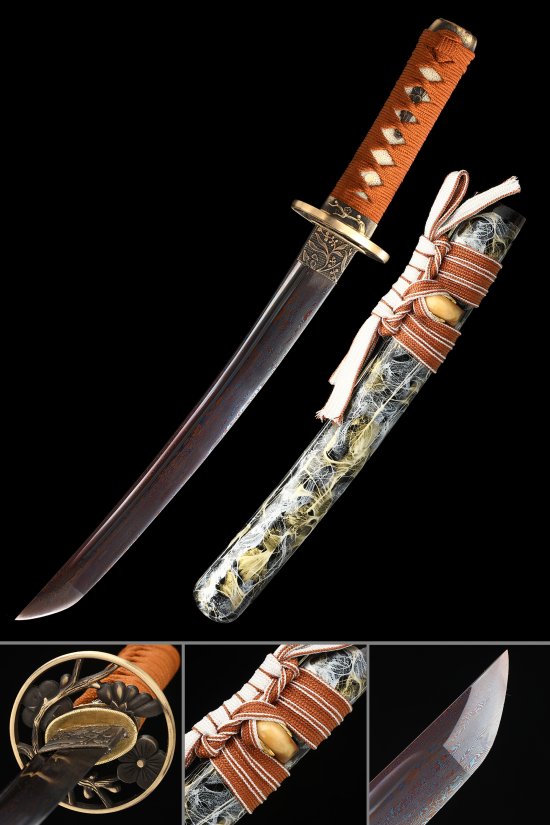 Damascus Steel Tanto in Dark Red - Orange Tsuka, Chrysanthemum Tsuba, Marble Hardwood Saya