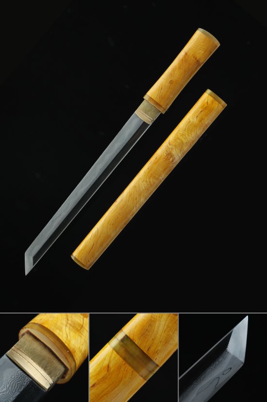 Folded Melaleuca Steel Tanto with Natural Hardwood Shirasaya in Yellow - Full Tang Blade