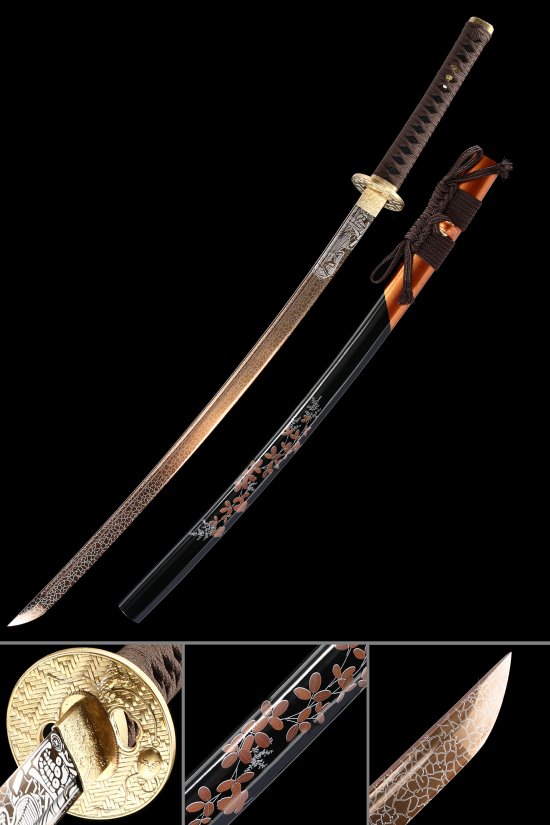 1065 Carbon Steel Katana with Copper Blade Finish - Black Lacquer Saya with Floral Motif, Brown Handle