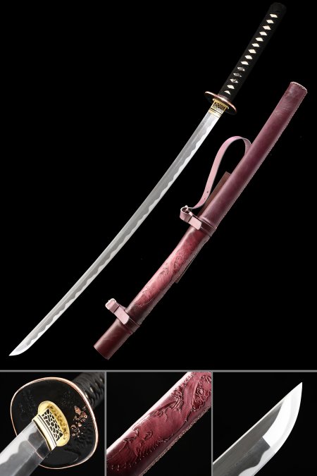 Handmade Japanese Katana Sword Damascus Steel With Red Leather Scabbard And Strap