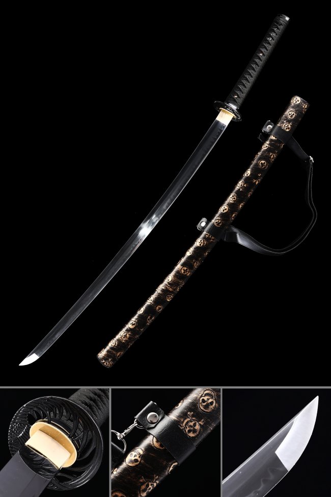 T10 Clay Tempered Skull Katana with Brown Leather Saya and Black Ito Wrap - Collectible Sword
