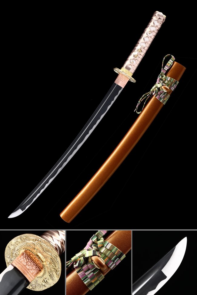 Full Tang Manganese Steel Wakizashi with Orange Lacquer Saya - Gold Dragon Tsuba, Pink Tsuka-ito