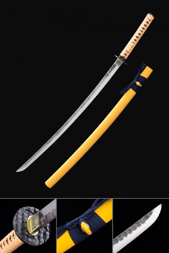 Geometric Tsuba Manganese Steel Katana, Full Tang, Handmade & Gold Saya