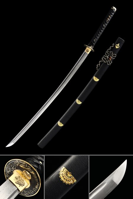 Japanese Sword, Handmade Katana Sword T10 Folded Clay Tempered Steel With Black Leather Scabbard