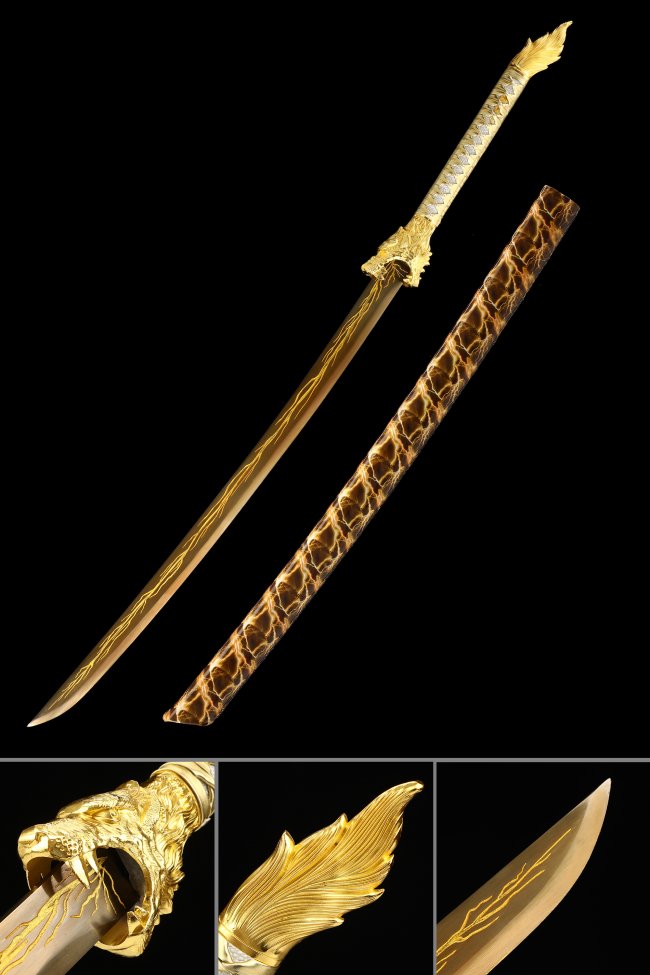 Golden Katana Sword with Manganese Steel Lightning Blade and Dragon Tsuba in Brown Scaled Saya