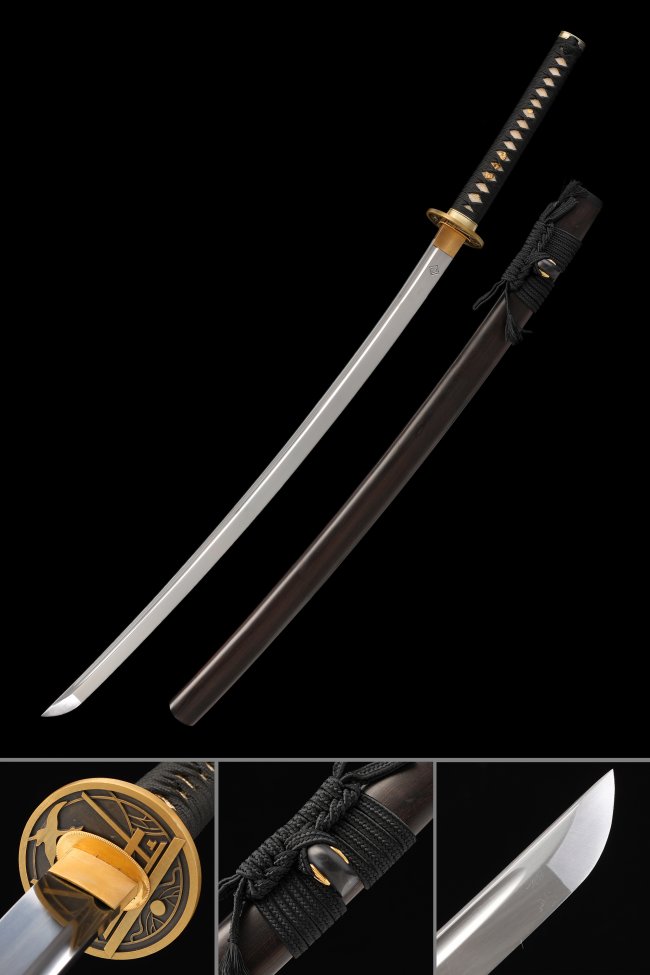Spring Steel Katana with Geometric Gold-Brown Alloy Tsuba in Black Cord Handle & Brown Hardwood Saya