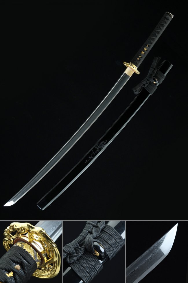 Damascus Steel Katana with Gold Dragon Tsuba in Black Lacquer Saya - Full Tang Replica