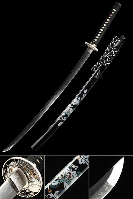 T10 Steel Full Tang Black Katana with Hamon, One Piece Luffy Saya & Demon Alloy Tsuba