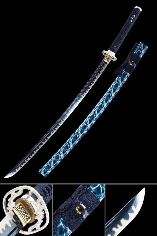 1090 Carbon Steel Katana with Blue Blade - Dark Blue Tsuka, Lightning Saya, Silver-Gold Ornate Scroll Tsuba