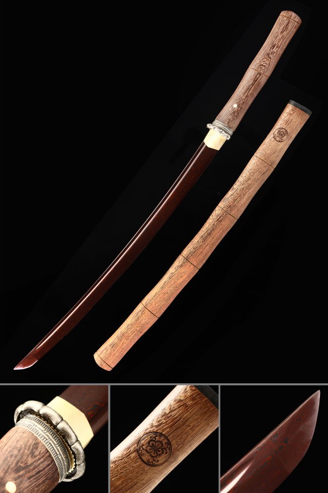 Pattern Steel Wakizashi with Red Blade and Natural Wenge Wood Saya - Full Tang Japanese Short Sword