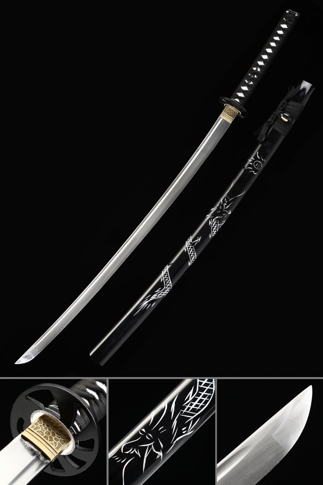 Manganese Steel Katana with Black Dragon-Engraved Lacquer Saya - Full Tang, Hamon Blade