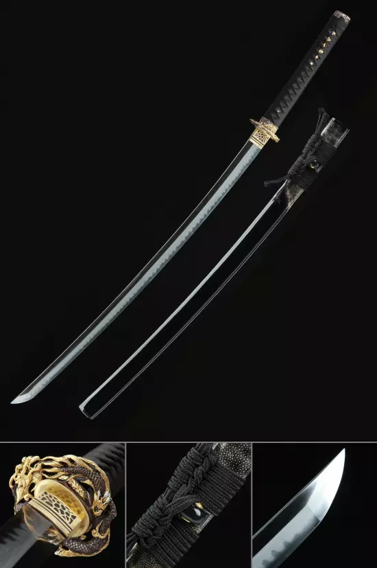 Handmade Japanese Katana Sword T10 Folded Clay Tempered Steel With Black Scabbard
