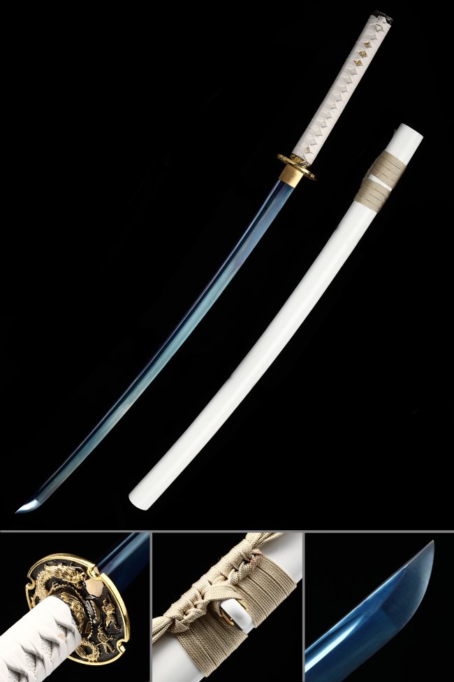 1045 Carbon Steel Japanese Sword with Blue Blade and White Piano Lacquer Saya - Gold Dragon Tsuba