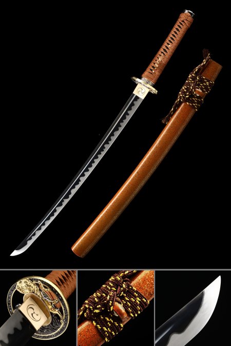 Handgefertigtes Schwarzes Schwert Aus Manganstahl, Echtes Japanisches Wakizashi-schwert Mit Orangefarbener Scheide