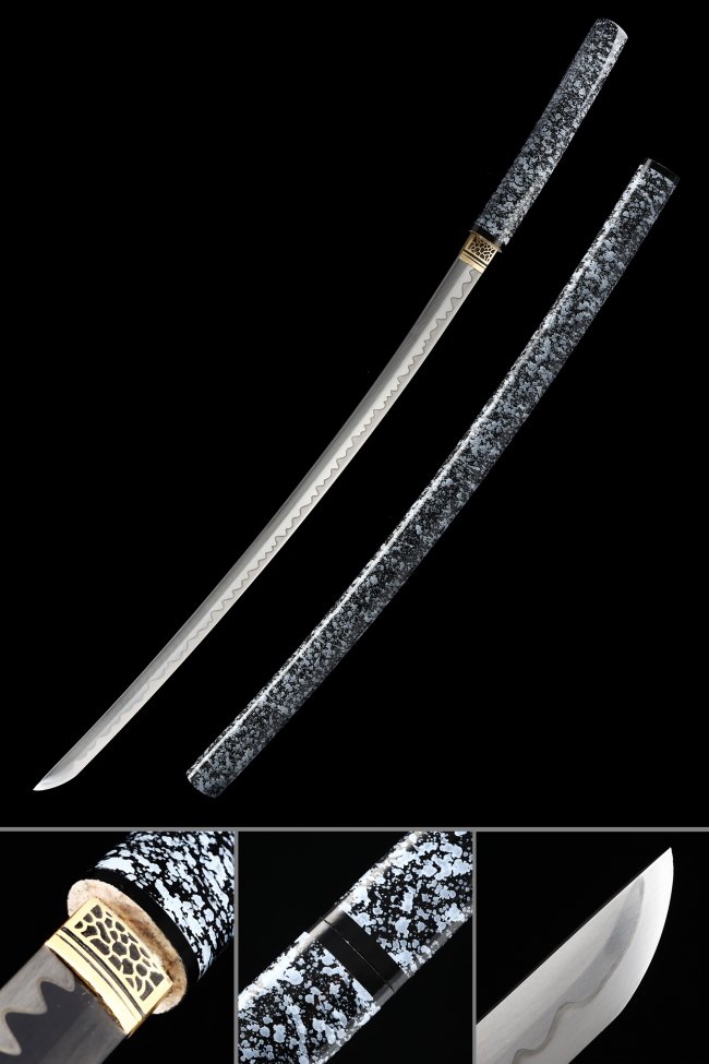 T10 Steel Shirasaya Katana with Marble Black-White Saya, Clay Tempered Hamon, Gold Tsuba, Full Tang