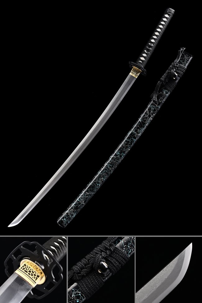 1000 Layer Folded Steel Katana with Black Marble-Style Saya - Full Tang Collectible Sword with Snake Tsuba