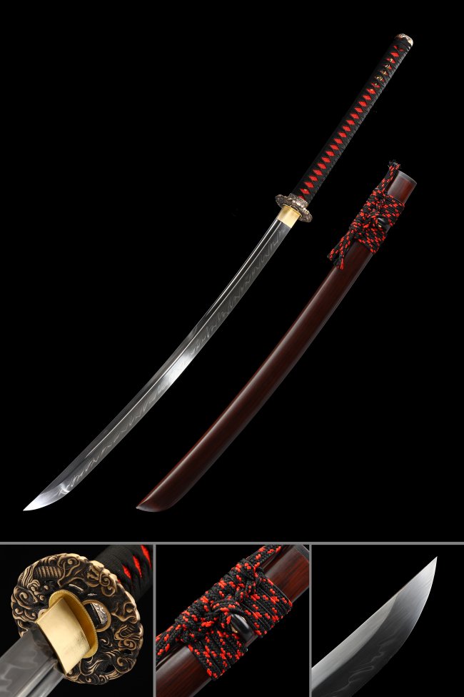 T10 Naginata - Handcrafted Clay Tempered Steel, Real Hamon, Red Saya, Wave Tsuba, 118cm