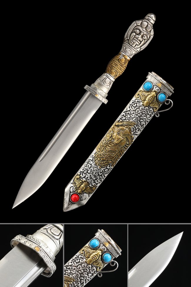 Tibetan Short Knife - Handcrafted Spring Steel Collectible With Silver Sheath & Gemstone Inlay 11.8 Inches