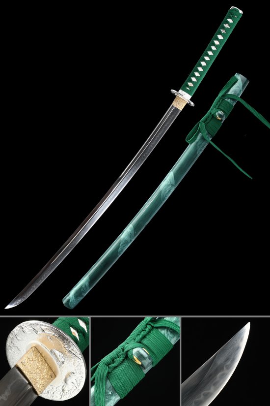 T10 Carbon Steel Katana with Green Marbled Saya, Dragon Tsuba & Green Ito Wrap