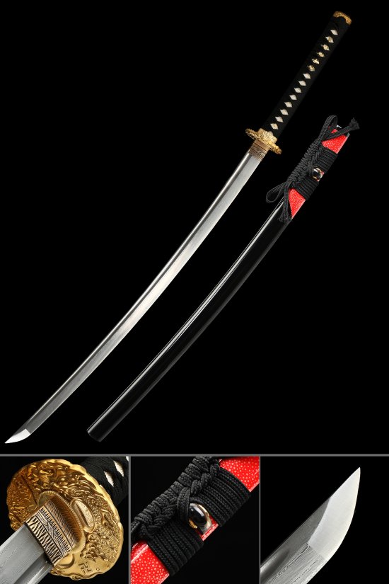 Damascus Steel Full Tang Katana with Gold Dragon Tsuba in Black Hardwood Saya - 28.74" Blade