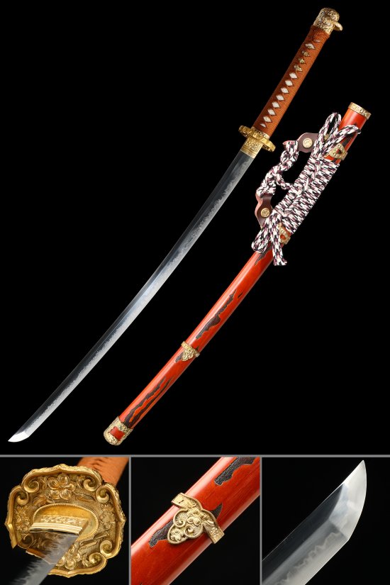T10 Carbon Steel Tachi Sword with Hamon Blade, Red Lacquer Saya and Gold Peony Tsuba